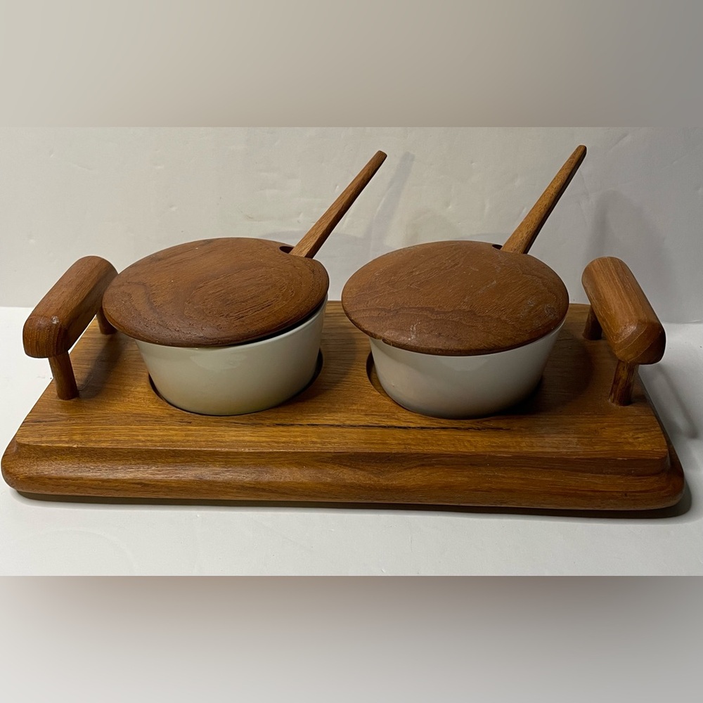 Vintage Goodwood Genuine Teak Jam Serving Set Tray Porcelain Bowls Lids Spoons